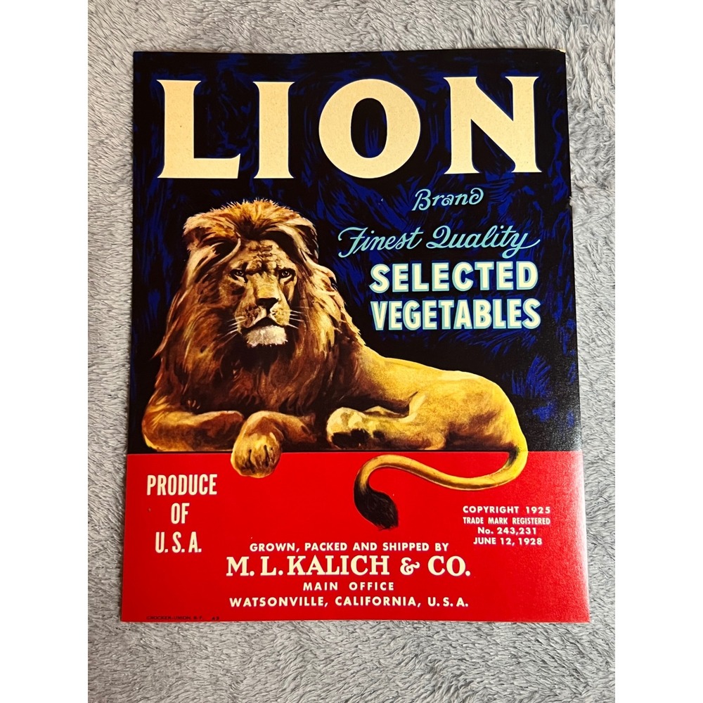 Vintage Lion Brand Produce Poster‎ Lion Graphic California Vegetables 7x9 USA